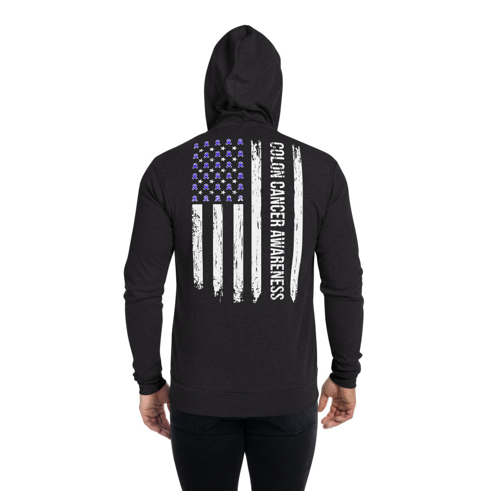 Colon Cancer Awareness USA Flag Zip Hoodie